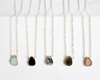 Gemstone Slice Necklaces in Gold. Layering Necklace. Aqua Chalcedony, Black Onyx, Moss Agate.