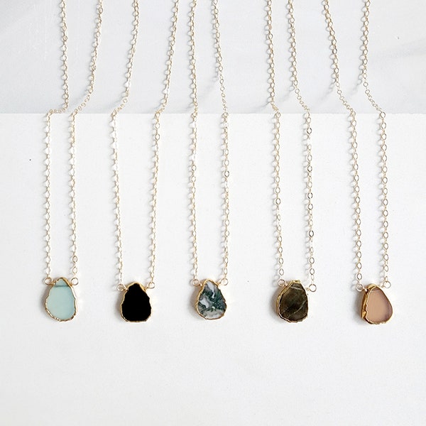 Gemstone Slice Necklaces in Gold. Layering Necklace. Aqua Chalcedony, Black Onyx, Moss Agate.