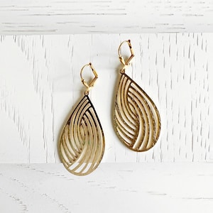 Swirl Teardrop Dangle Earrings in Brushed Brass Gold. Statement Earrings. Gold Teardrop Earrings