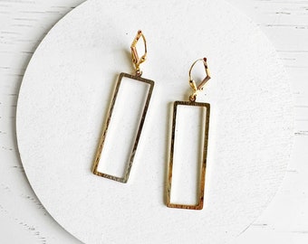 Open Rectangle Earrings in Brushed Brass Gold. Simple Dangle Earrings. Geometric Earrings