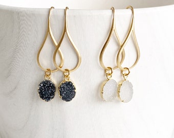 Druzy Drop Earrings in Gold. Black White Crystal Gemstone Drop Earrings. Gold Dangle Earrings