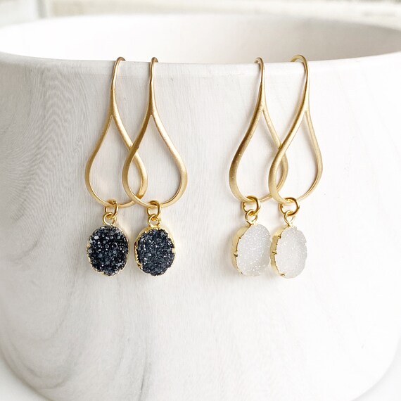 Druzy Drop Earrings in Gold. Black White Crystal Gemstone Drop