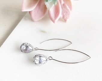 Silver and Cubic Zirconia Stone Drop Earrings. Bridesmaid Gift. Silver Bridal Drop Earrings.