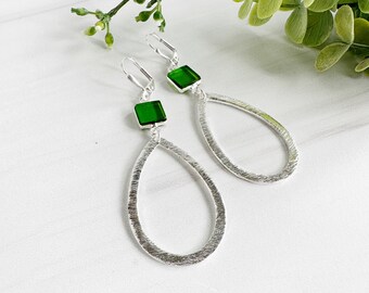 Green Peridot Stone Teardrop Earrings in Brushed Silver . Hoop Dangle Earrings. Geometric Earrings. Silver Statement Earrings