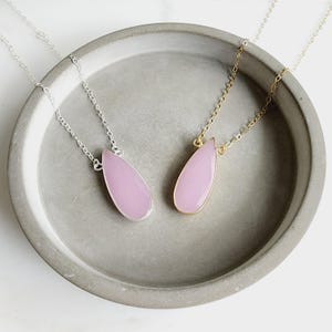 Pink Chalcedony Teardrop Necklace: Gold & Sterling Silver Bezel