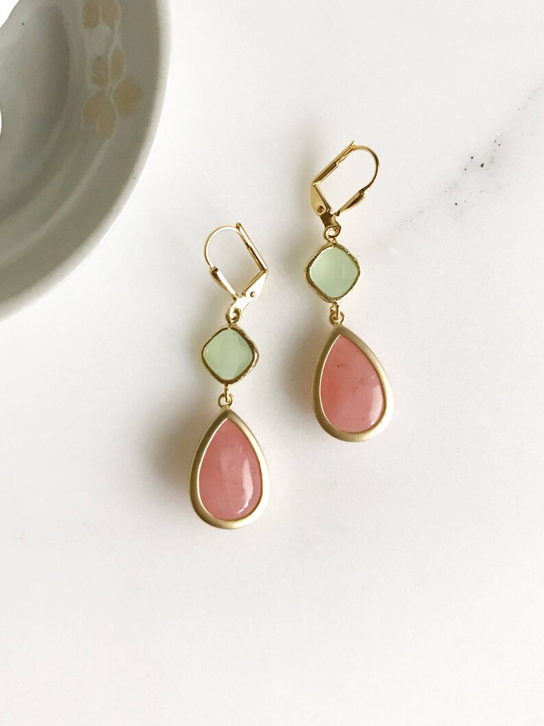 Bridesmaids Earrings in Coral Pink and Mint. Dangle Earrings. Etsy