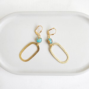 Calsilica Open Oval Hoop Earrings in Brushed Brass. Gold Statement Earrings. Gemstone Geometric Earrings. Hoop Dangle Earrings image 3