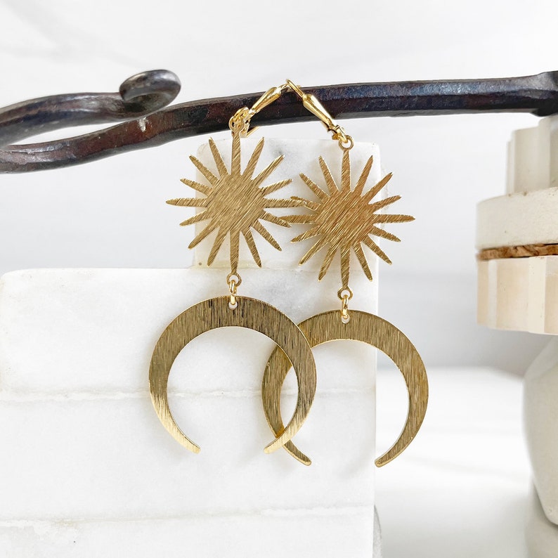 Sun and Moon Statement Earrings in Gold. Brushed Brass Starburst and Crescent Dangle Earrings. Boho Dangle Earrings image 3