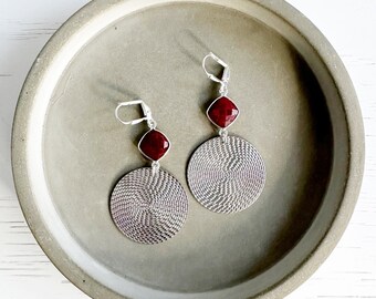 Ruby and Patterned Circle Pendant Earrings in Brushed Silver. Ruby Statement Dangle Earrings. Geometric Earrings