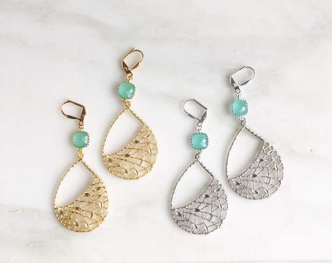 Chandelier Dangle Earrings Dark Silver ft Teal Beads