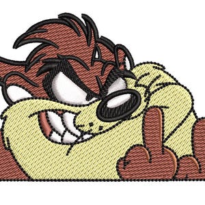 May include: Embroidered design of the Tasmanian Devil cartoon character, with a brown head and black accents. The character is giving the middle finger with both hands. The design is on a light yellow background.