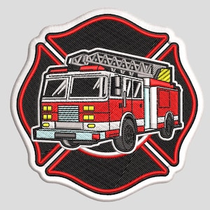 May include: Embroidered patch featuring a red fire truck with a ladder, set against a black background within a red and white emblem. The patch has a detailed design with a white border, showcasing a classic fire department theme.