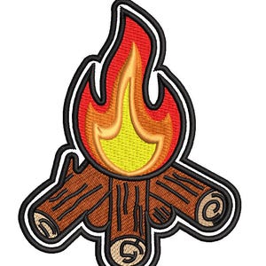May include: Embroidered patch featuring a campfire design. The flames are rendered in shades of red, orange, and yellow, with a black outline. The logs are brown with detailed wood grain and a black border.
