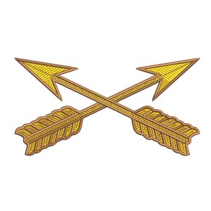 May include: Embroidered image of two gold arrows crossing each other. The arrows have detailed feathering and pointed tips. The background is plain white, which accentuates the gold embroidery.