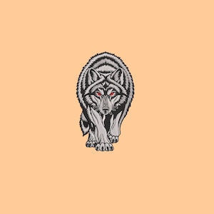 May include: An embroidered patch featuring a forward-facing wolf with detailed black and white fur texture and piercing red eyes. The design is rendered in a dense stitch pattern, capturing the animal's intense expression and focused gaze.