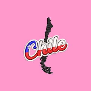 May include: Embroidered design featuring the word "Chile" in a stylized font with the Chilean flag colors, red, white, and blue. A black outline of the country's shape is next to the word, set against a pink background.