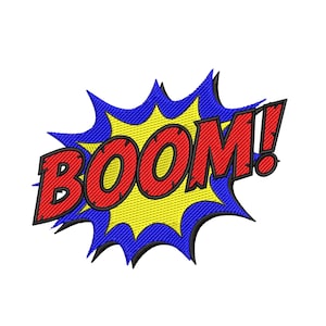 May include: Embroidered patch featuring the word "BOOM!" in red, outlined in black, with a yellow and blue burst design. The patch is likely for clothing or accessories, evoking a comic book theme.