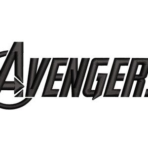 May include: The word "Avengers" in a bold, black, blocky font, with the iconic Avengers "A" logo. The logo is a black circle with an arrow pointing through it. The background is plain white.