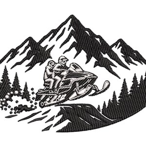 May include: Embroidered design of a snowmobile with two riders, set against a backdrop of mountains and pine trees. The black and white image is enclosed in an oval shape, suggesting a patch or emblem.