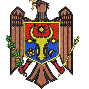 May include: Embroidered emblem featuring a brown eagle with outstretched wings, holding a golden cross. The emblem includes a shield with a yellow aurochs head, a star, and other symbols, with a green branch and a golden scepter.