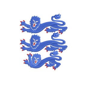 May include: Embroidered design of three blue lions rampant with red claws and tongues, set against a white backdrop. This design is likely intended for clothing or home decoration.