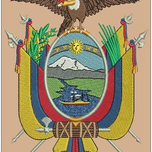 Puede incluir: Emblema bordado con un águila marrón con las alas extendidas sobre un escudo. El escudo muestra una montaña, un sol y una escena fluvial, con banderas y lanzas a ambos lados. El emblema está sobre un fondo beige.