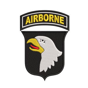 May include: Embroidered patch featuring the word "AIRBORNE" in yellow on a black and white arched banner. Below, a black shield displays a white eagle head with a yellow beak and red tongue.
