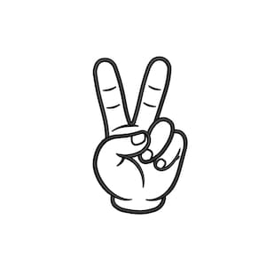 Puede incluir: Un gráfico de mano estilo caricatura en color blanco con contornos negros gruesos, que muestra un gesto de signo de paz con el dedo índice y el medio extendidos hacia arriba, mientras el pulgar, anular y meñique están curvados.