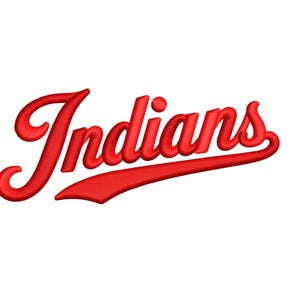 Peut inclure: Un écusson brodé rouge représentant le mot Indians dans une police cursive. Le lettrage présente un aspect tridimensionnel en relief avec une texture cousue distincte et une couleur rouge vive sur l'ensemble du motif.