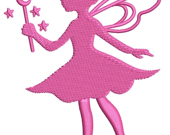 May include: Pink embroidered fairy design with a crescent moon wand and three stars. The fairy has a flowing dress, wings, and a ponytail. The design is on a white background.