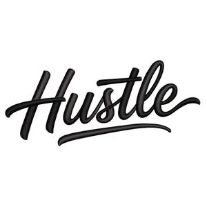 May include: A black embroidered design featuring the word Hustle in a cursive script font. The lettering has a three-dimensional appearance with a raised texture and defined edges, creating a bold visual effect against a plain white background.