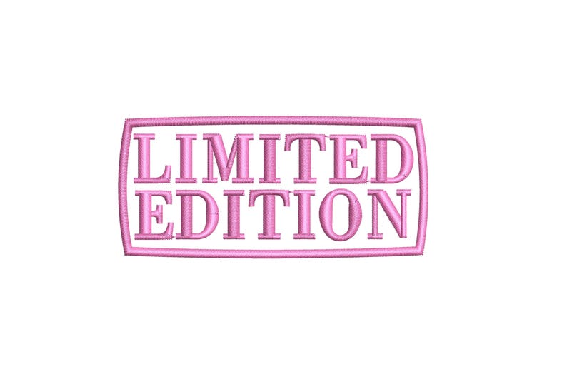 May include: A pink embroidered patch with the words "LIMITED EDITION" inside a rectangular frame. The text and frame are in a soft pink color, and the background is white.
