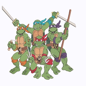 May include: Embroidered image of the Teenage Mutant Ninja Turtles. The four turtles are green with different colored masks and weapons. Each turtle is holding a weapon, including swords, a bo staff, and sai.