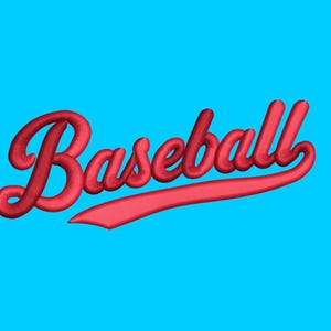 May include: The word Baseball is written in a bold, red, cursive script font with a three-dimensional effect. The letters have a rounded, tube-like appearance and are set against a solid, bright cyan blue background, creating a high contrast.