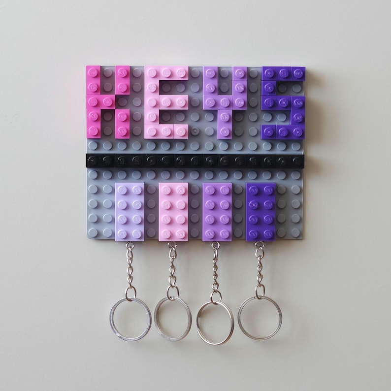Brick Keyring Wall Mountable Small Key Hanger Storage Holder Made with Lego, Gift idea Purple on Gray