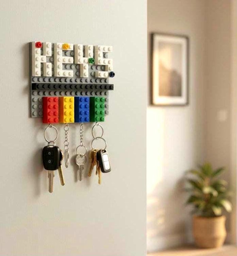 May include: A wall-mounted key holder made from white, black, and gray building blocks. The word "KEYS" is spelled out in white blocks. Below, a row of colorful blocks in red, yellow, blue, and green hold keys on metal rings.