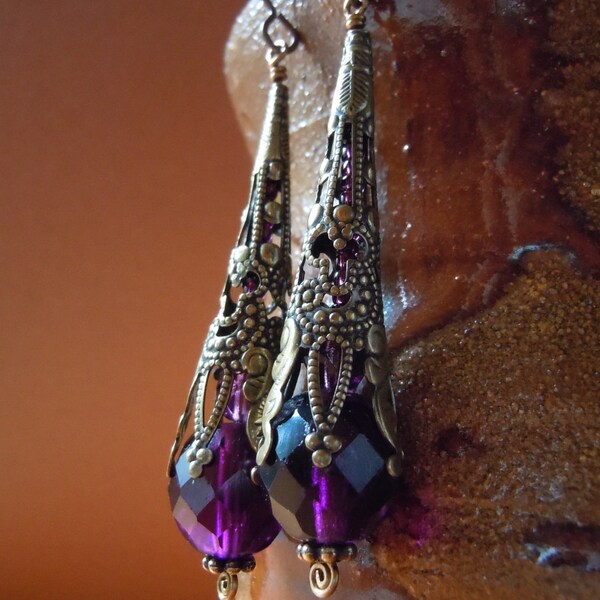 Purple Art Nouveau Filigree Earrings  -Free Shipping-