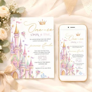 May include: A princess-themed invitation and a smartphone displaying the same design. The invitation features a castle illustration in pink, purple, and gold, with the text "One-ce Upon a Time" and event details.