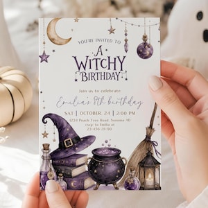 May include: A rectangular birthday invitation card featuring purple and gold illustrations of a witch hat, a cauldron, books, a broom, and a lantern. The text reads: You're invited to a witchy birthday, join us to celebrate Emilia's 8th birthday.