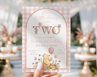 Klassieke Winnie de Poeh tweede verjaardagsuitnodiging meisje: Winnie Two Invite Phone bewerkbaar canvas - C84