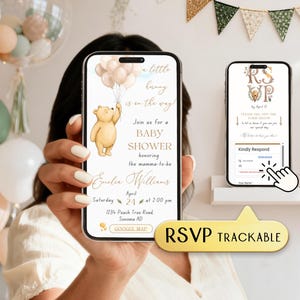 May include: A smartphone displays a baby shower invitation with a teddy bear holding balloons. The invitation text reads "a little bunny is on the way!" and includes RSVP information. A second phone shows an RSVP form.