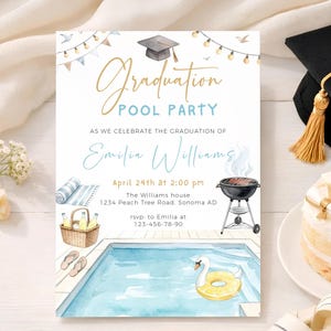 May include: Graduation pool party invitation with watercolor illustrations. The invitation features a pool, swan float, barbecue grill, and text that reads "Graduation Pool Party" and "Emilia Williams". The invitation is on a white background.