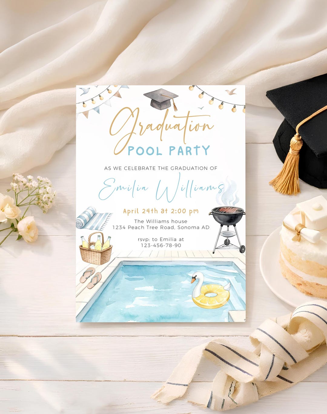Graduation Pool Party Editable Canva Invitation Card, Summer Bash ...