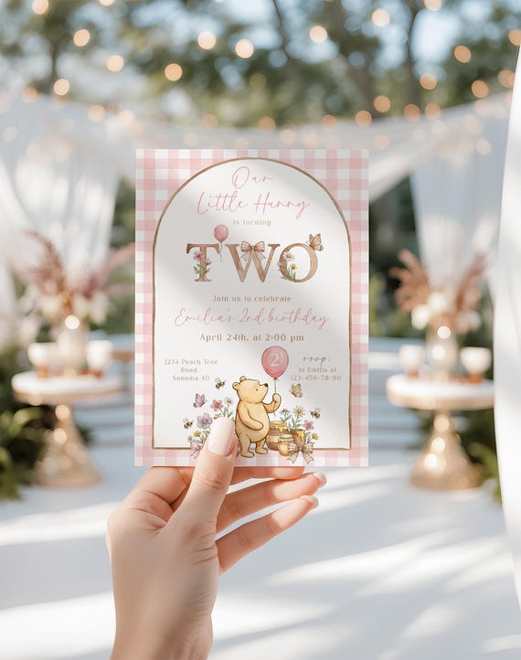 Classic Winnie the Pooh Second Birthday Invitation Girl: Winnie Two Invite Phone Editable Canva - C84