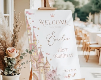 Cartel de bienvenida imprimible para el primer cumpleaños de una princesa: castillo, corona y flores bohemias rosas. Canva editable - C14