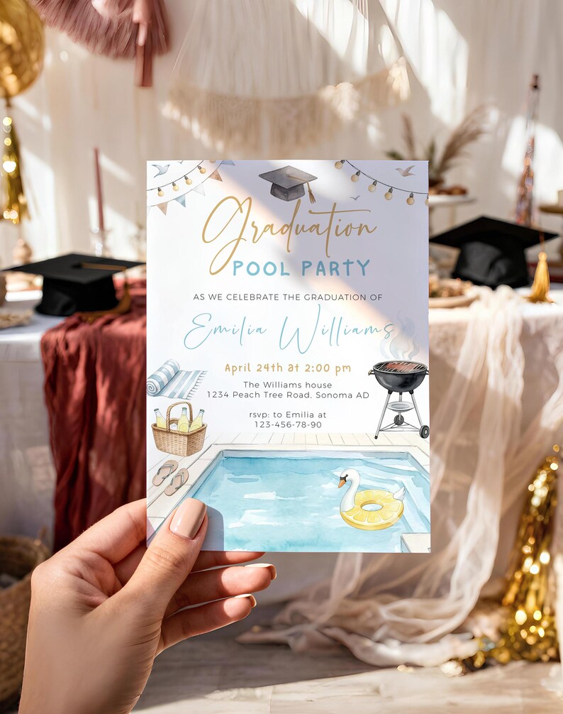 Graduation Pool Party Editable Canva Invitation Card, Summer Bash ...