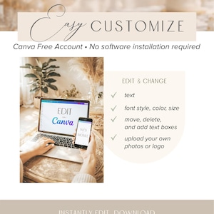 Puede incluir: Un port&aacute;til y un smartphone que muestran la interfaz de Canva. La imagen incluye el texto "Easy Customize" y "Edit & Change" con opciones para texto, fuente y fotos. La imagen promueve la edici&oacute;n y el intercambio f&aacute;ciles.