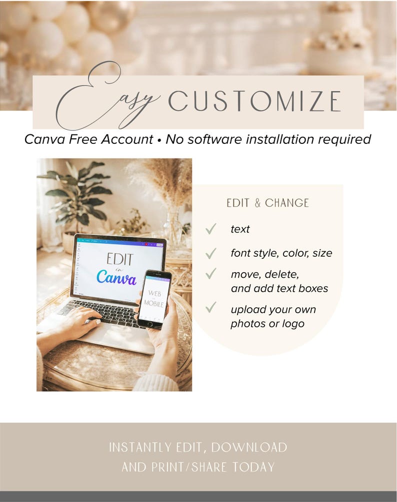 Puede incluir: Un port&aacute;til y un smartphone que muestran la interfaz de Canva. La imagen incluye el texto "Easy Customize" y "Edit & Change" con opciones para texto, fuente y fotos. La imagen promueve la edici&oacute;n y el intercambio f&aacute;ciles.