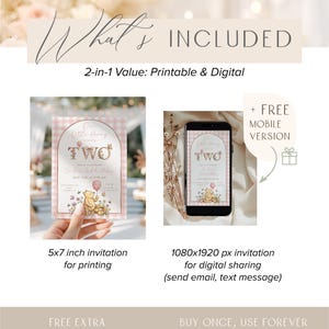 Puede incluir: Invitaci&oacute;n digital e imprimible para un segundo cumplea&ntilde;os. El dise&ntilde;o presenta un patr&oacute;n de cuadros rosas, Winnie the Pooh y el texto "Two". Incluye una invitaci&oacute;n impresa de 5x7 pulgadas y una versi&oacute;n digital de 1080x1920 px.