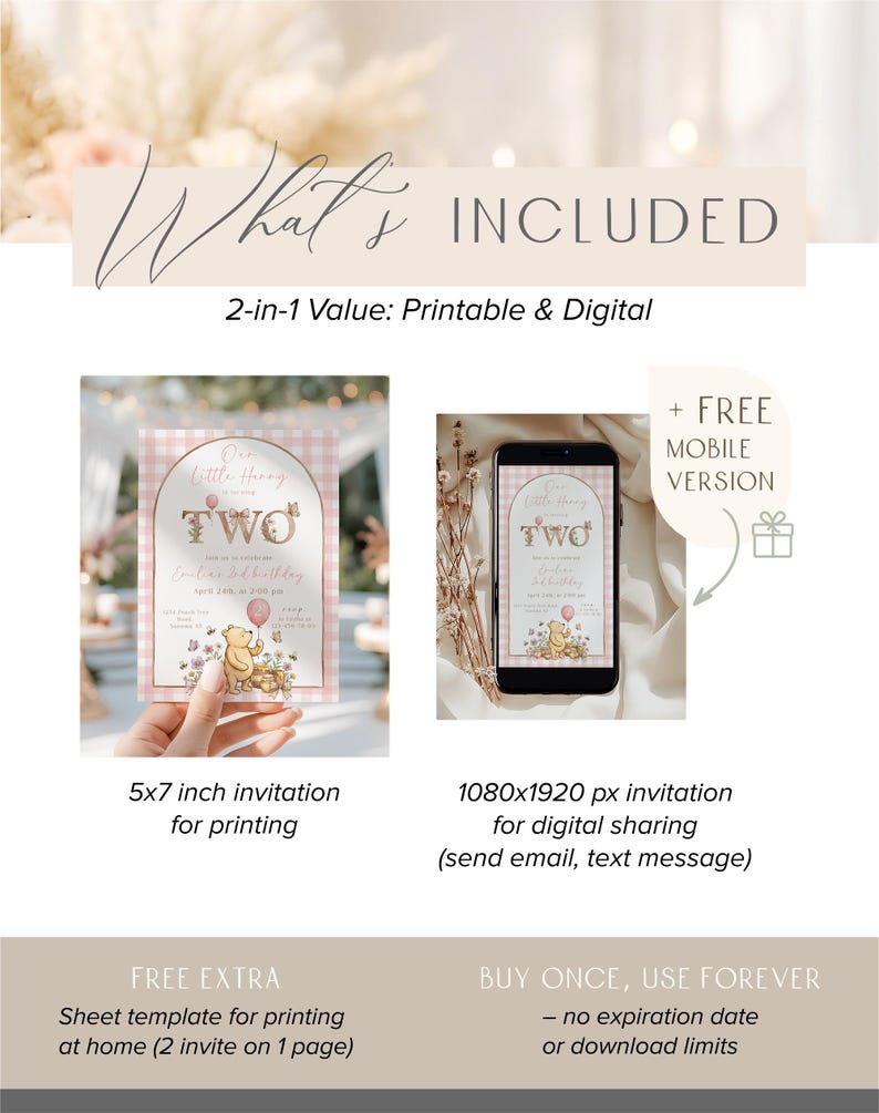 Puede incluir: Invitaci&oacute;n digital e imprimible para un segundo cumplea&ntilde;os. El dise&ntilde;o presenta un patr&oacute;n de cuadros rosas, Winnie the Pooh y el texto "Two". Incluye una invitaci&oacute;n impresa de 5x7 pulgadas y una versi&oacute;n digital de 1080x1920 px.